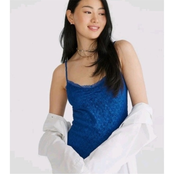 Aeropostale Solid V-Neck Lace Cami Dress Blue Slip Dress Y2K 90s Ruffle Hem - Picture 4 of 12